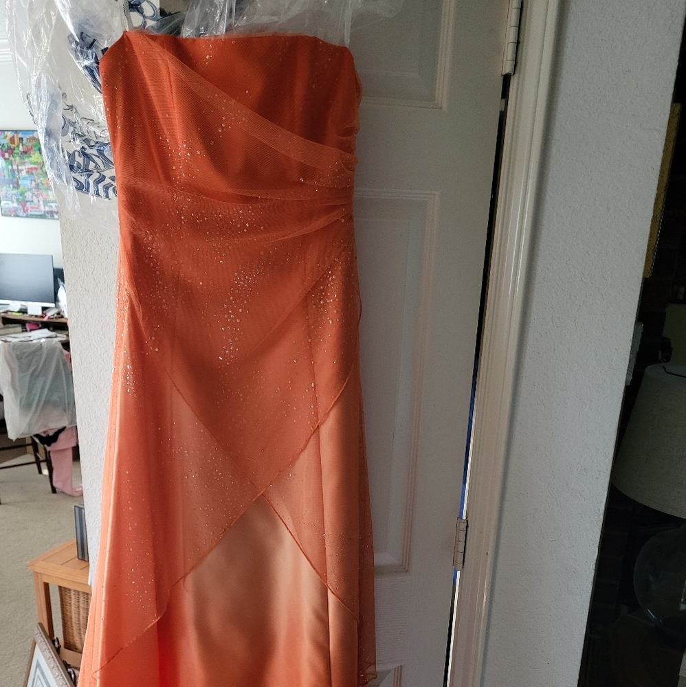 Orange strapless prom dress